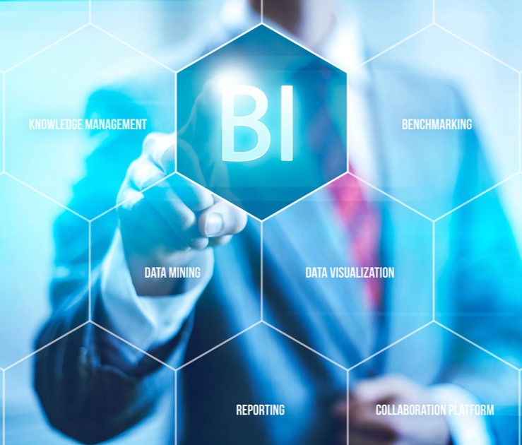 Business-Intelligence-Visualisierung – Hand berührt virtuelles BI-Interface mit Begriffen wie Knowledge Management, Data Mining, Reporting und Benchmarking; Symbol für datengetriebene Strategien, KPI-Monitoring und Predictive Analytics im DACH-Raum.