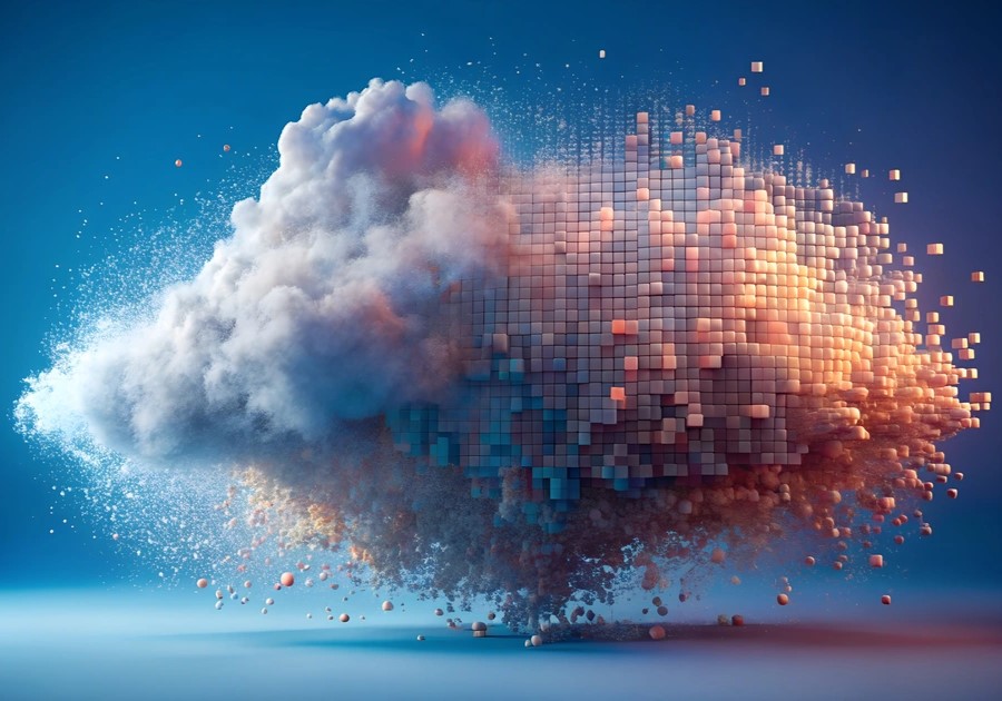 Abstrakte 3D-Wolke aus Pixeln und Datenwürfeln – Symbol für Datenaufbereitung, automatisierte Datenbereinigung, Transformation und konsolidierte BI-Prozesse für präzise Analysen im DACH-Raum.