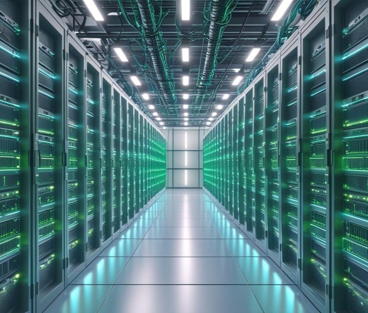 Rechenzentrum mit modernen Server-Racks und grüner LED-Beleuchtung – Symbol für Microsoft-Fabric-Integration, skalierbare Datenarchitektur, OneLake, Power BI und leistungsstarke Business-Intelligence-Lösungen im DACH-Raum.