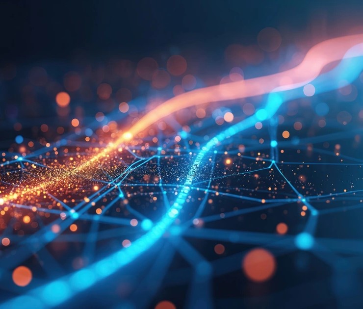Abstrakte Visualisierung von Datenströmen mit blauen und orangefarbenen Lichtlinien – Symbol für Power-BI-Integration, interaktive Dashboards, Echtzeitdatenanalyse und datengetriebene Entscheidungen im DACH-Raum.