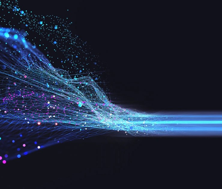Abstrakte Datenströme aus blauen und violetten Lichtpunkten – Symbol für Qlik-Sense-Integration, assoziative Analysen, flexible Dashboards und datengetriebene Entscheidungsfindung im DACH-Raum.