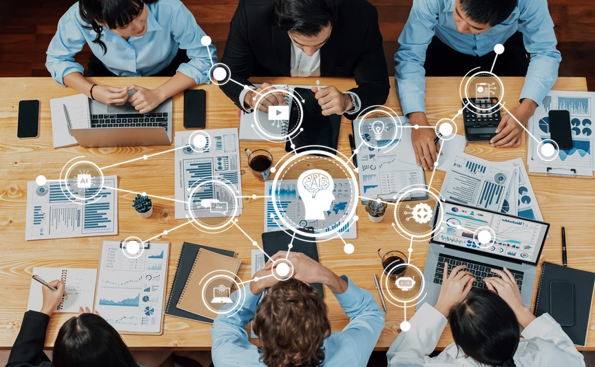 Business-Intelligence-Experten im Beratungsgespräch – Team analysiert Unternehmensdaten mit Laptops, Diagrammen und digitalen Analyse-Icons, Fokus auf Datenanalyse, Power BI und datengetriebene Strategien im DACH-Raum.